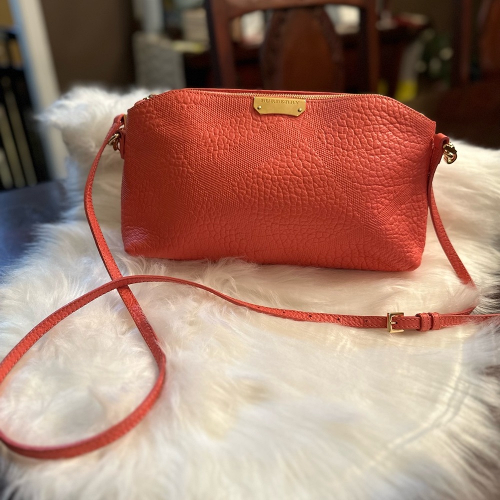 Burberry Coral Orange Pebbled Leather Crossbody Bag